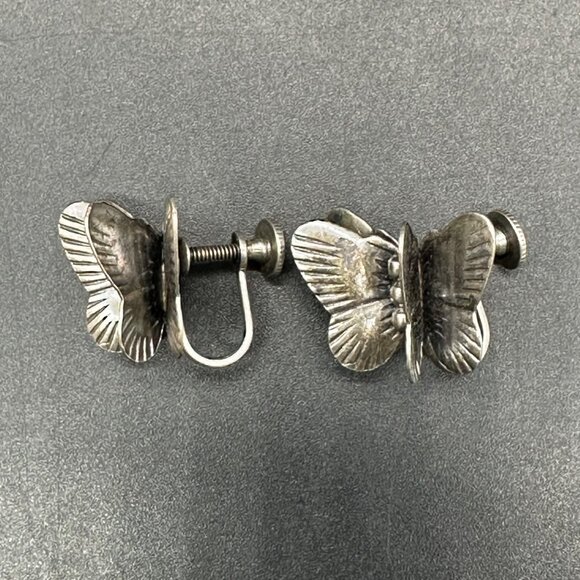 Vintage Sterling Silver Butterfly Screw Back Earrings 3D Double Wing 925 Western - Picture 2 of 8